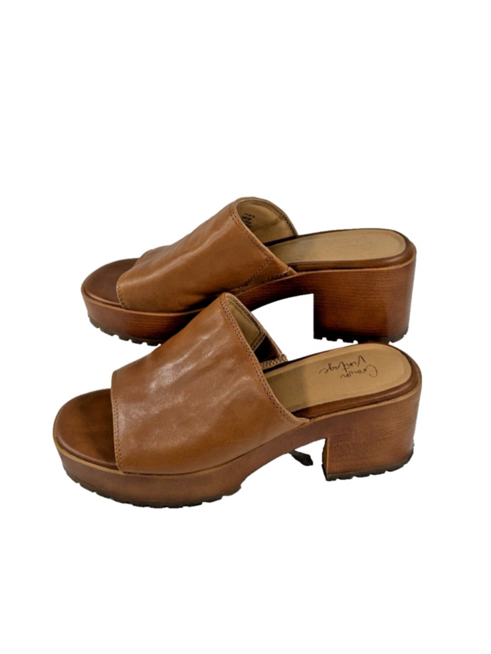 Crown Vintage Sandal Block Heels Tan Leather 7.5M